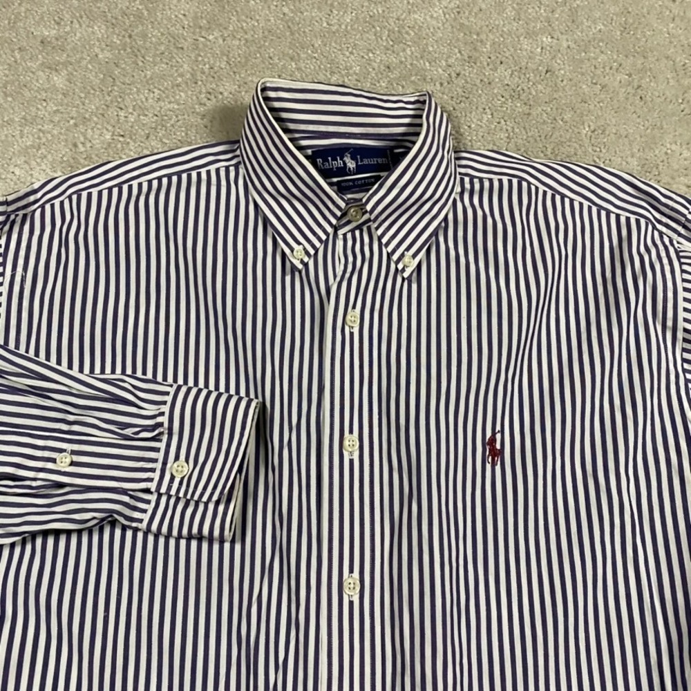 Polo Ralph Lauren Shirt Mens Button Down Blue Stripe Cotton Long Sleeve